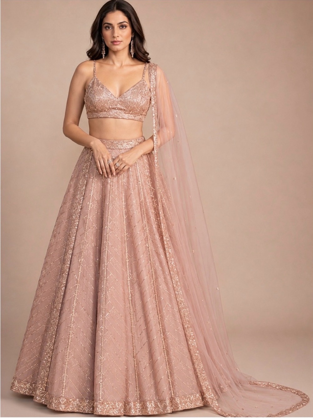Blush Rose Embellished Lehenga Set with Sheer Dupatta
